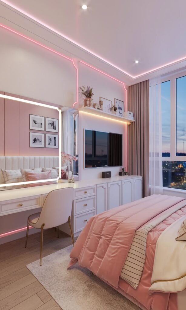 Stylish bedroom with pink accents, LED lights, and large window view. Modern decor, cozy ambiance. Perfect for relaxing.