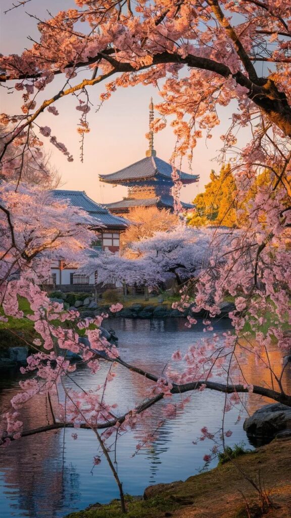 Cherry blossoms frame a serene Japanese temple by a tranquil river at sunset.