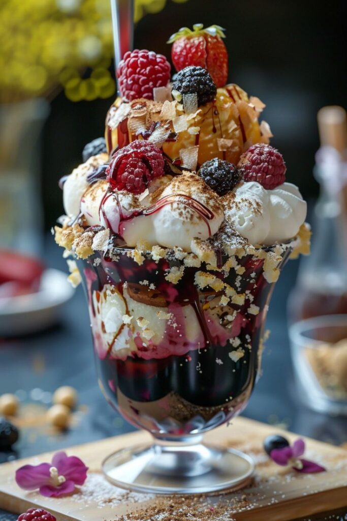 Decadent ice cream sundae topped with fresh berries, caramel, and chocolate drizzle in a glass cup on a wooden board.