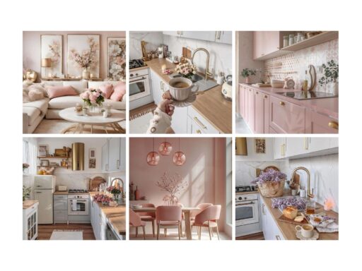 Elegant pastel-themed kitchen and living room with pink accents, cozy decor, flowers, and modern design elements.