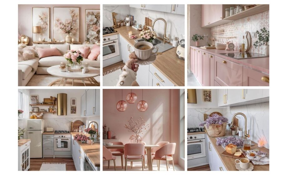 Elegant pastel-themed kitchen and living room with pink accents, cozy decor, flowers, and modern design elements.