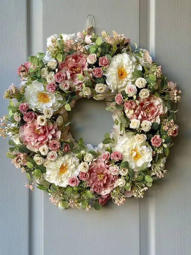 Elegant floral wreath with pink and white flowers on a door; perfect for spring or summer decor.