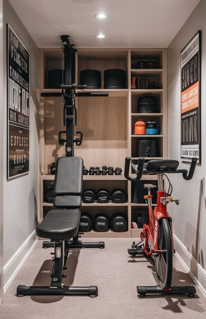 Home gym setup with exercise bike, bench, and weights organized on shelves, ideal for fitness enthusiasts.