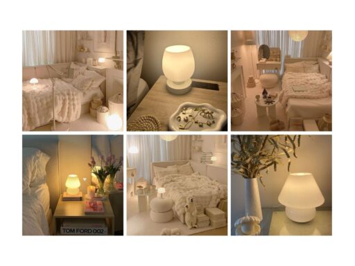 Cozy bedroom decor collage featuring soft lighting, plush bedding, and modern furniture accents in a warm, neutral palette.