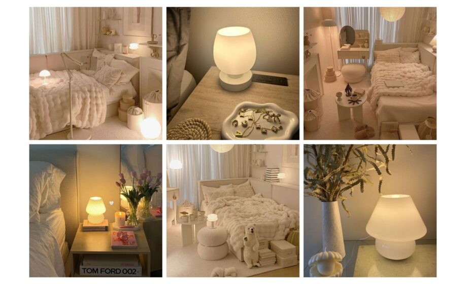 Cozy bedroom decor collage featuring soft lighting, plush bedding, and modern furniture accents in a warm, neutral palette.