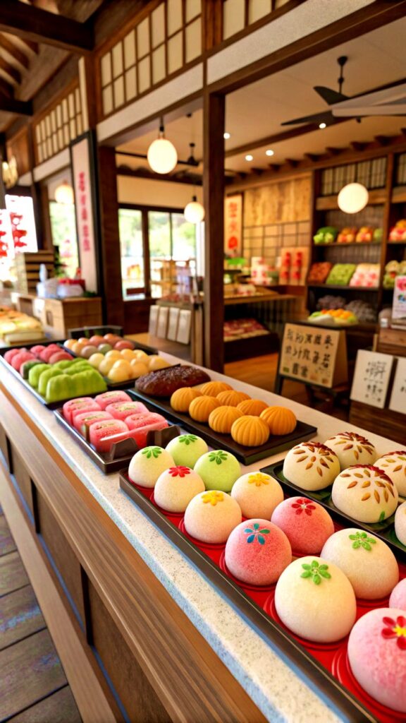 Assorted traditional Japanese sweets displayed in a cozy bakery. Enjoy colorful wagashi treats in a wooden interior setting.