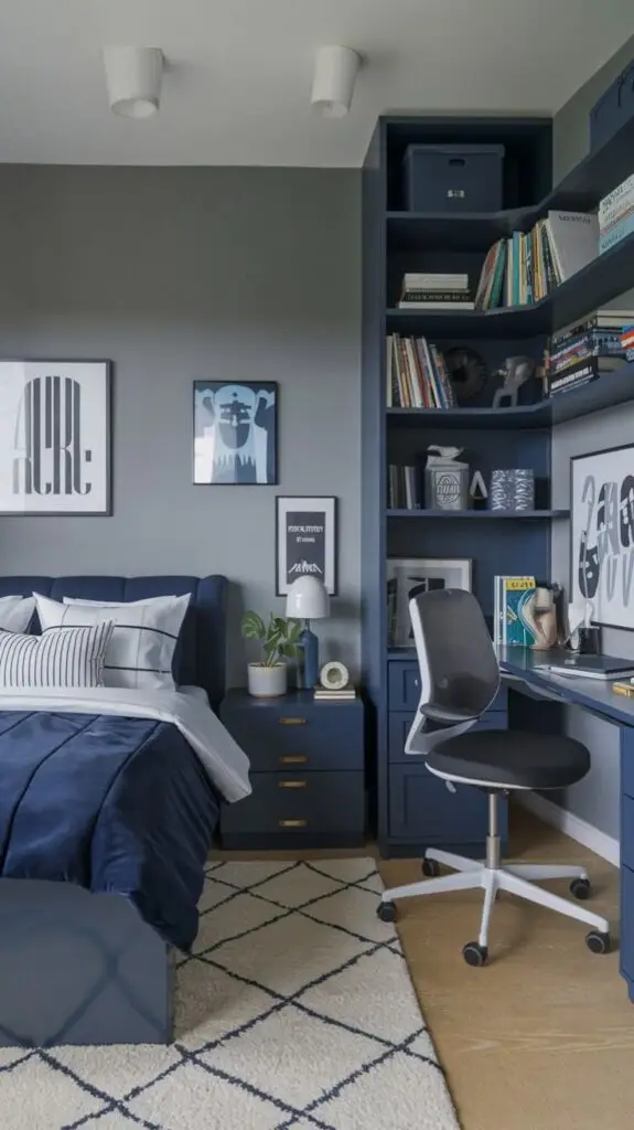 Modern bedroom and study space with blue decor, bookshelves, cozy bed, and sleek desk chair, blending comfort and functionality.