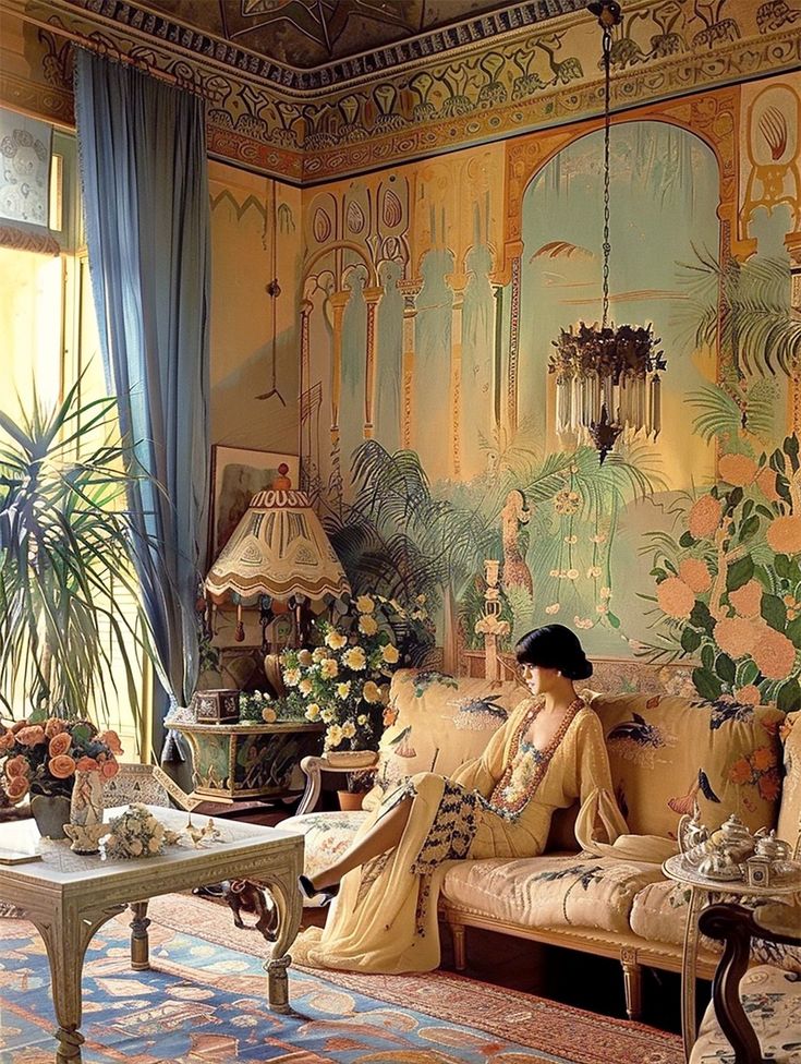 Vintage-inspired room with ornate wallpaper and elegant furnishings, featuring a stylish woman on a plush sofa.