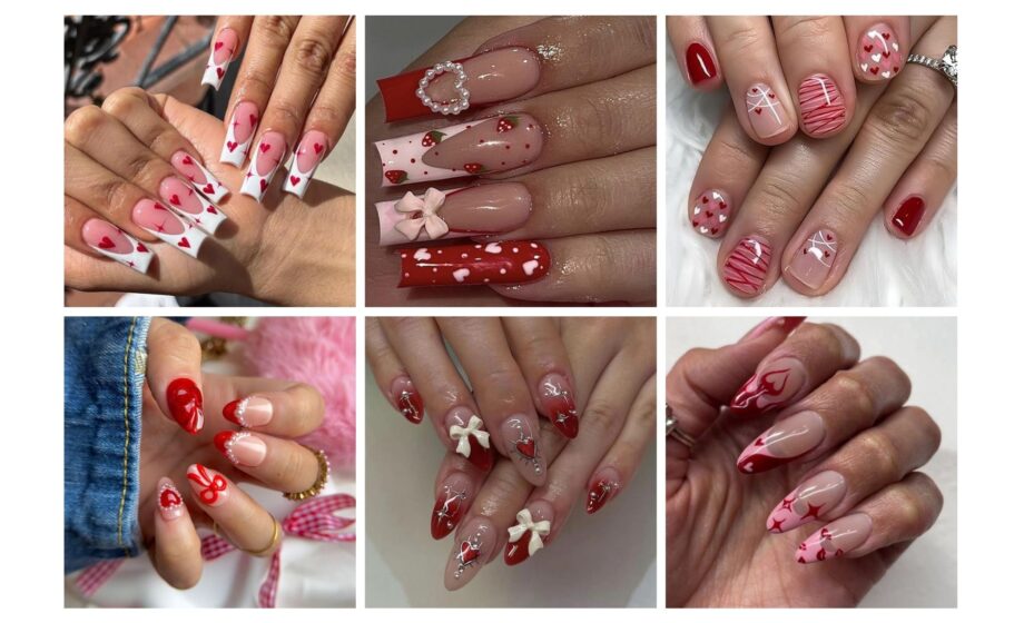 Collage of six Valentine's Day-themed nail designs featuring red, pink, hearts, and bows for a festive look.