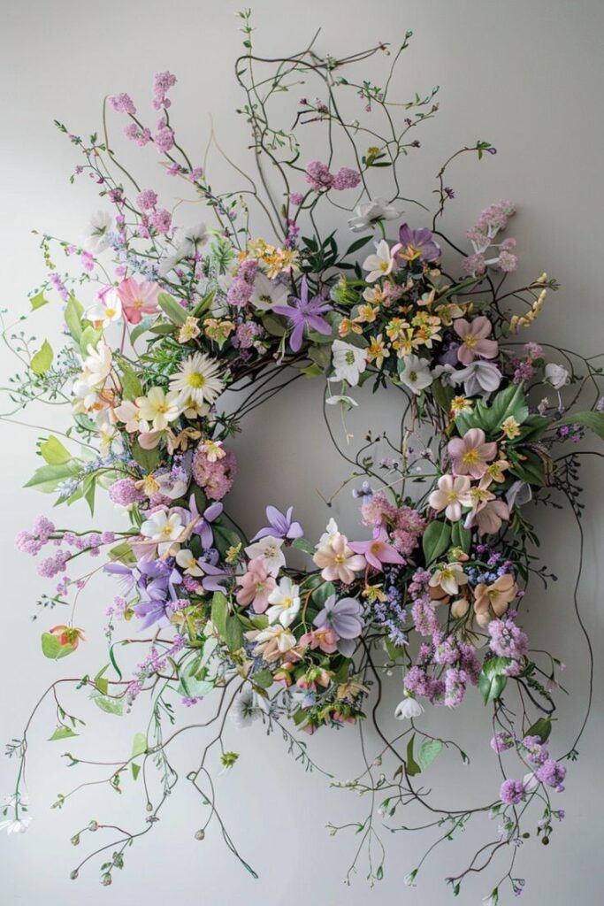 Elegant floral wreath with pink, purple, and white blossoms, perfect for spring decor and adding a touch of nature to any space.