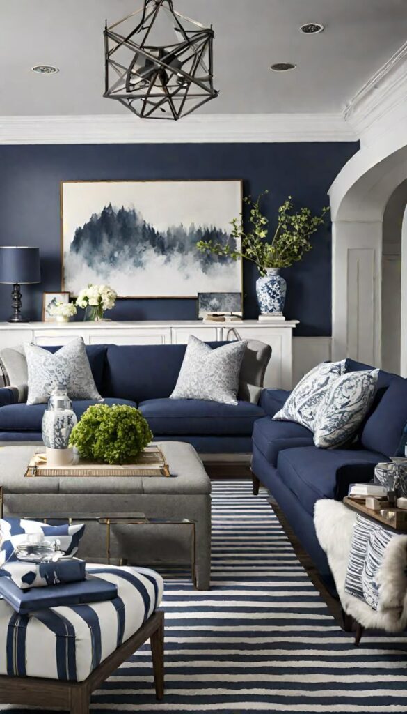 Elegant navy-blue living room with modern decor, cozy sofas, striped rug, and landscape art on the wall for a chic ambiance.