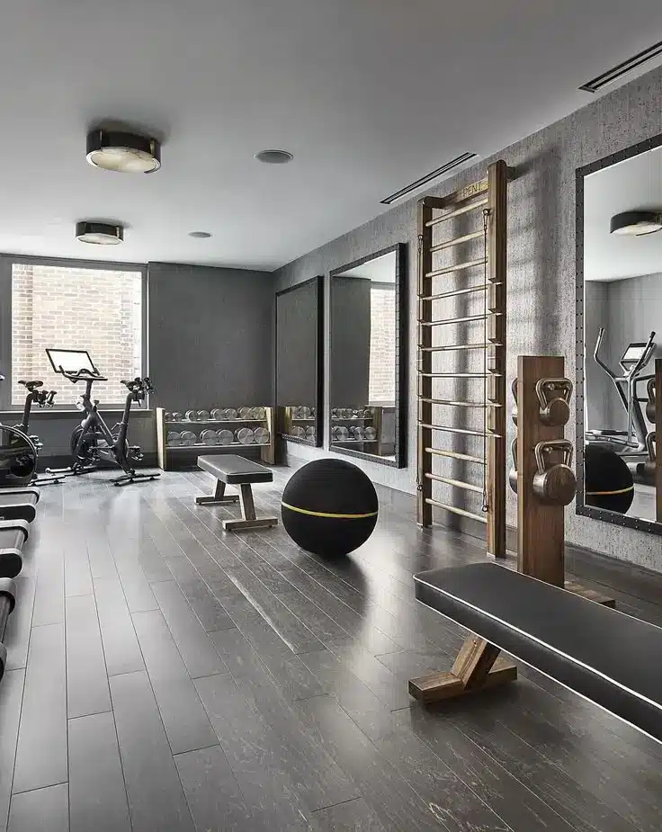 Modern home gym with exercise bikes, weights, benches, and mirrors on dark wooden flooring. Ideal fitness space for workouts.