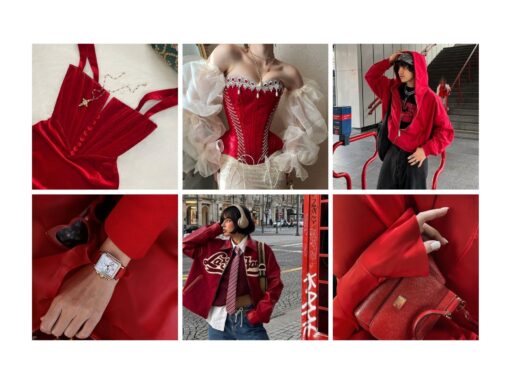 Collage of stylish red fashion items: corset, hoodie, accessories, streetwear, and watch. Trendy and bold aesthetic.