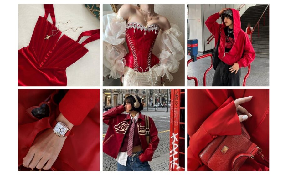 Collage of stylish red fashion items: corset, hoodie, accessories, streetwear, and watch. Trendy and bold aesthetic.