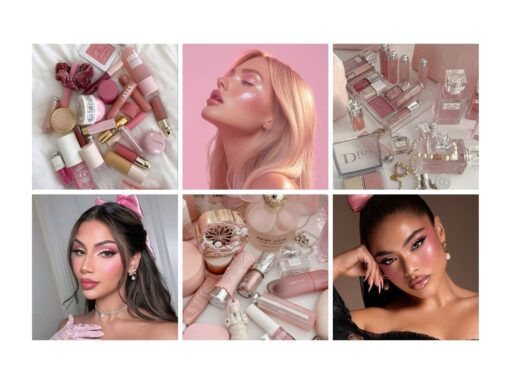 Collage of beauty and makeup products with models showcasing pink-themed cosmetics and elegant looks. Ideal for fashion inspiration.