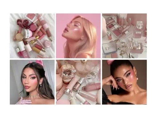 Collage of beauty and makeup products with models showcasing pink-themed cosmetics and elegant looks. Ideal for fashion inspiration.