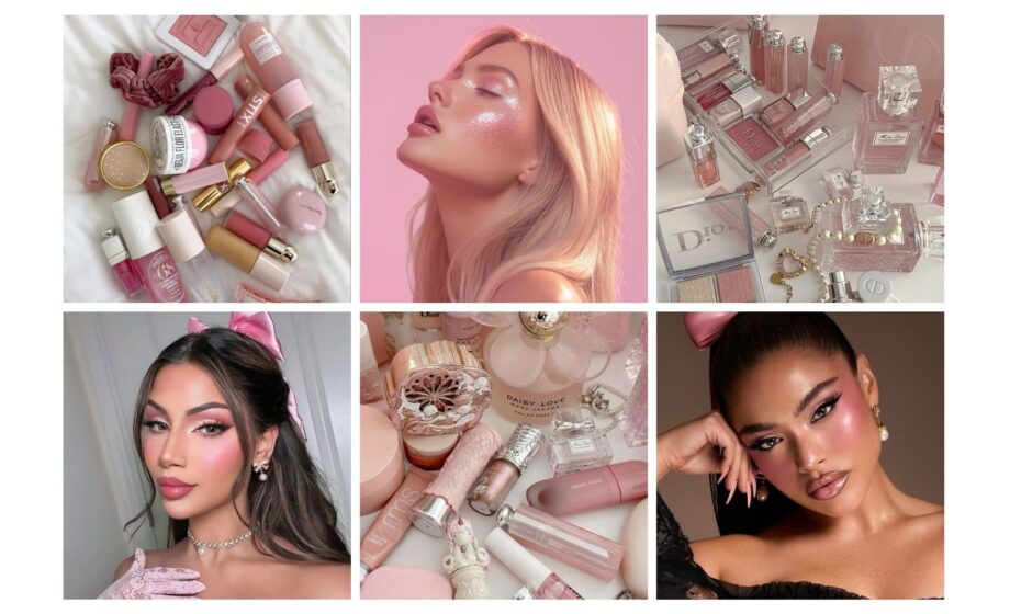 Collage of beauty and makeup products with models showcasing pink-themed cosmetics and elegant looks. Ideal for fashion inspiration.