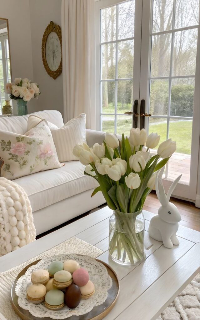 Cozy living room with white tulips, a decorative rabbit, and colorful macarons on a tray, near a large window with garden view.