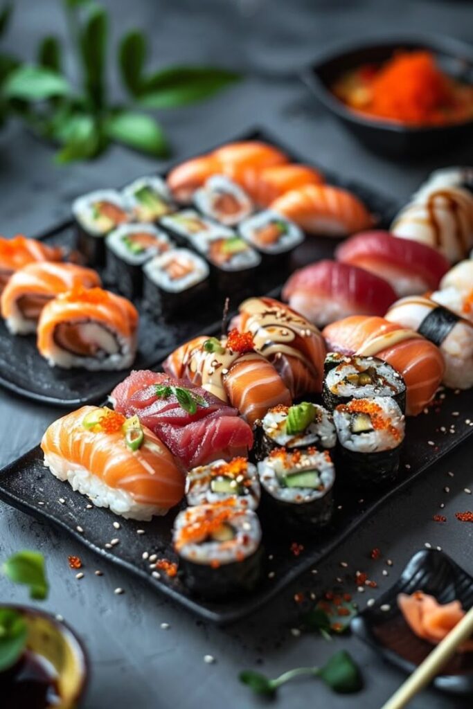 Assorted sushi platter featuring nigiri and maki rolls garnished with fresh herbs and fish roe, served on a dark textured plate.