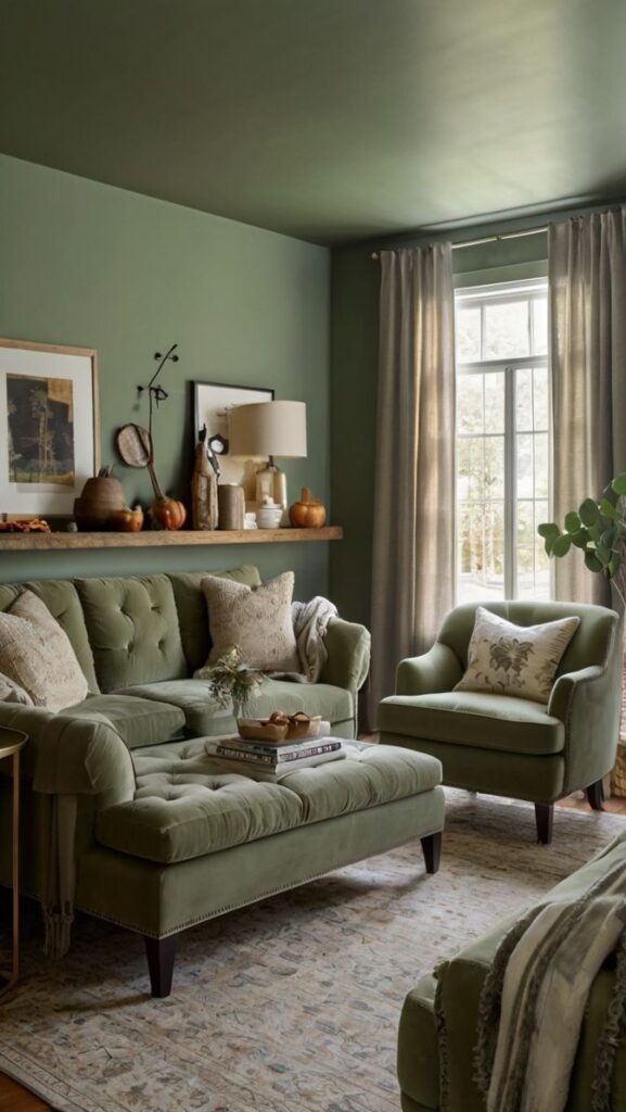 Cozy green living room with sofa, armchair, and ottoman. Natural light from window, decorative shelf with fall accents.