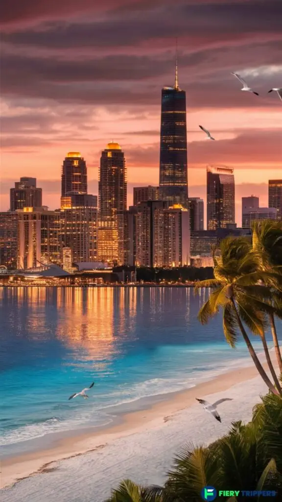 Tropical beach at sunset with city skyline, palm trees, and seagulls flying. Vibrant colors and serene ocean create a stunning view.