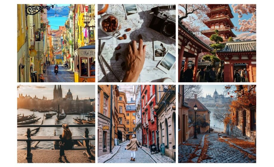 Collage of scenic landscapes and cultural landmarks, including colorful streets, a temple, and a map for travel inspiration.