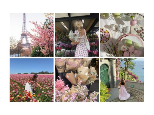 Collage of spring themes: Eiffel Tower with blossoms, flower markets, Easter treats, and a scenic coastal view with floral paths.