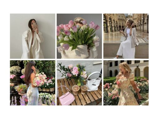 Collage of elegant fashion, fresh flowers, and stylish outdoor scenes in a vibrant lifestyle aesthetic.