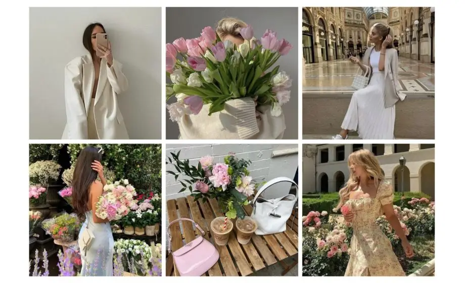 Collage of elegant fashion, fresh flowers, and stylish outdoor scenes in a vibrant lifestyle aesthetic.