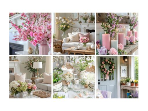 Collage of cozy home decor with floral arrangements, pastel candles, elegant table settings, and a welcoming wreath on the door.