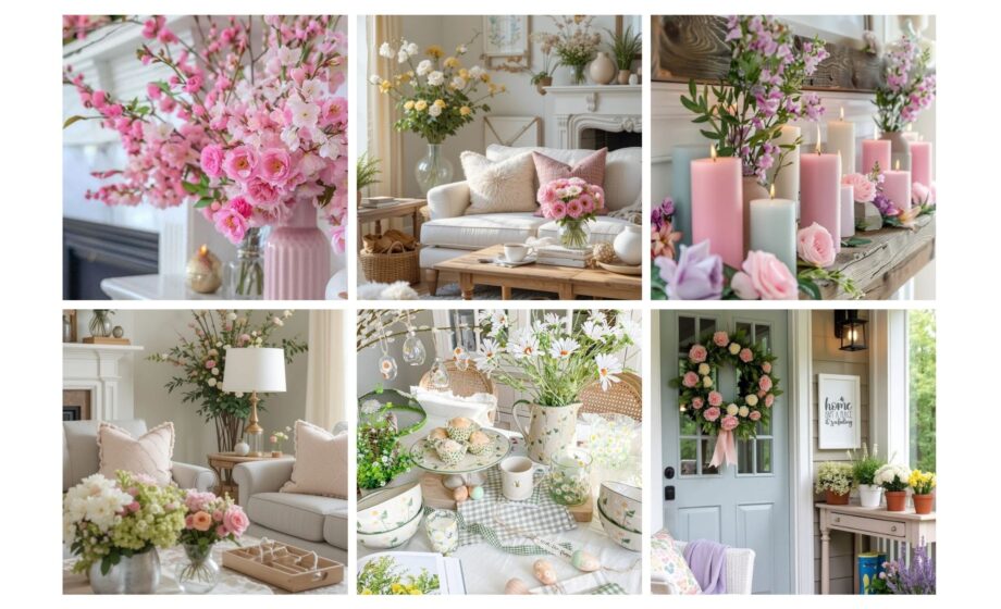 Collage of cozy home decor with floral arrangements, pastel candles, elegant table settings, and a welcoming wreath on the door.