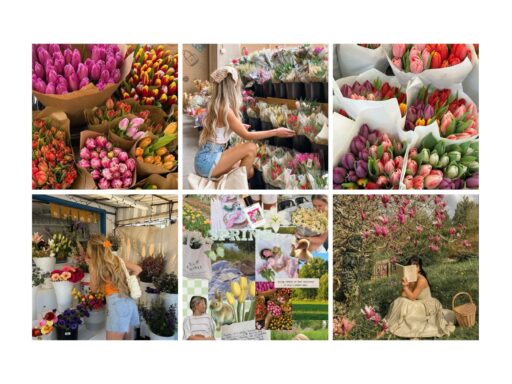 Collage of vibrant tulips and spring scenes, featuring a woman exploring a flower market and relaxing in a blooming garden.