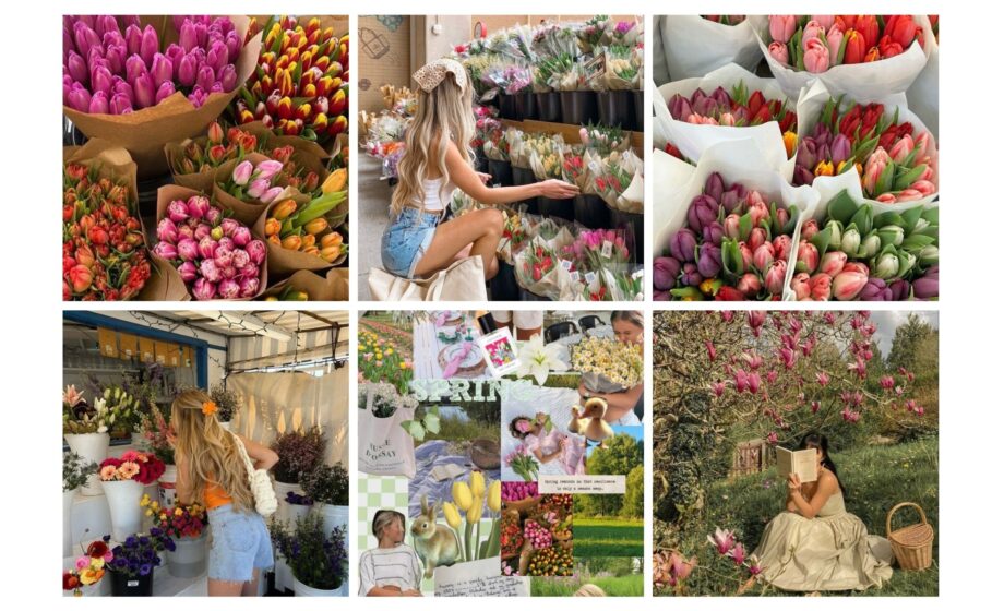 Collage of vibrant tulips and spring scenes, featuring a woman exploring a flower market and relaxing in a blooming garden.