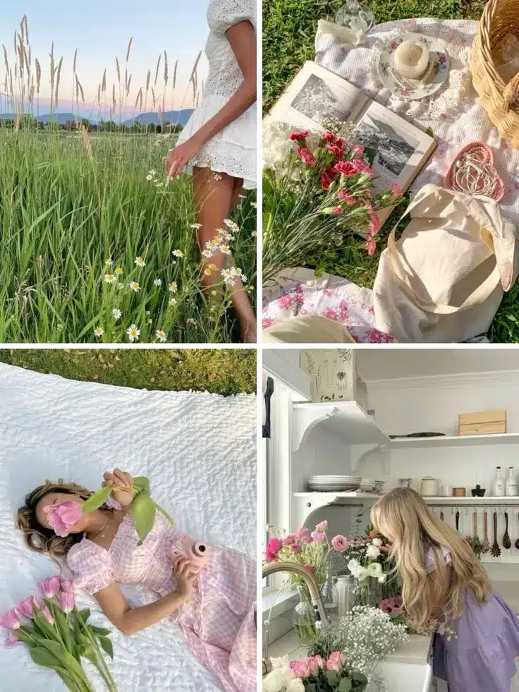 Collage of serene moments: woman in a flower field, picnic setup, lying with tulips, and arranging flowers in a kitchen.