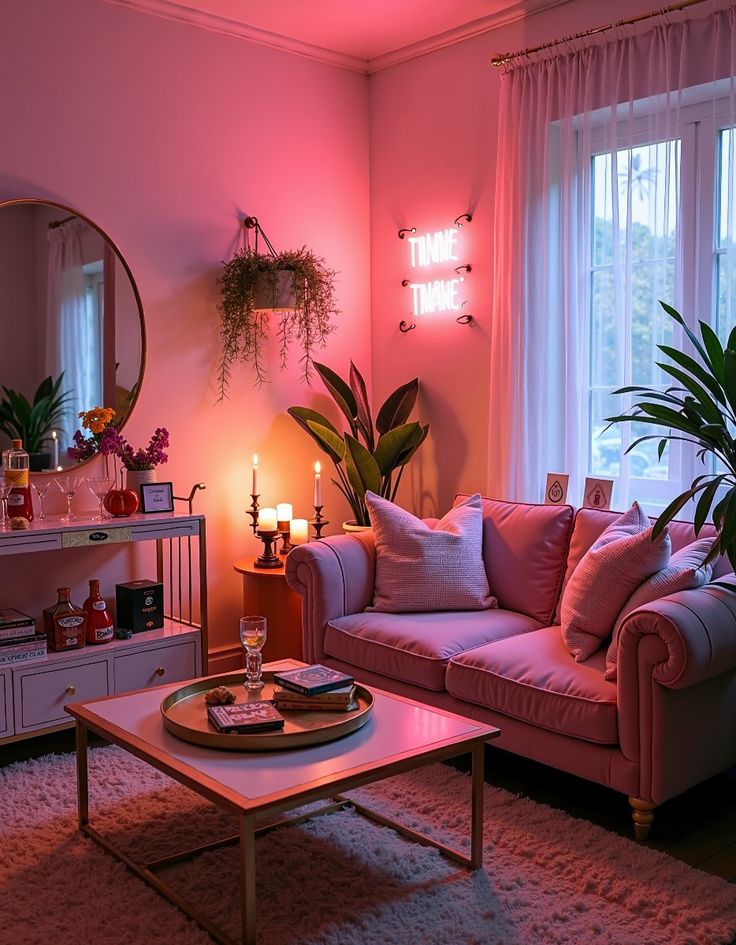 Cozy living room with pink sofa, neon sign, and plants. Warm ambient lighting creates a relaxing and inviting atmosphere.