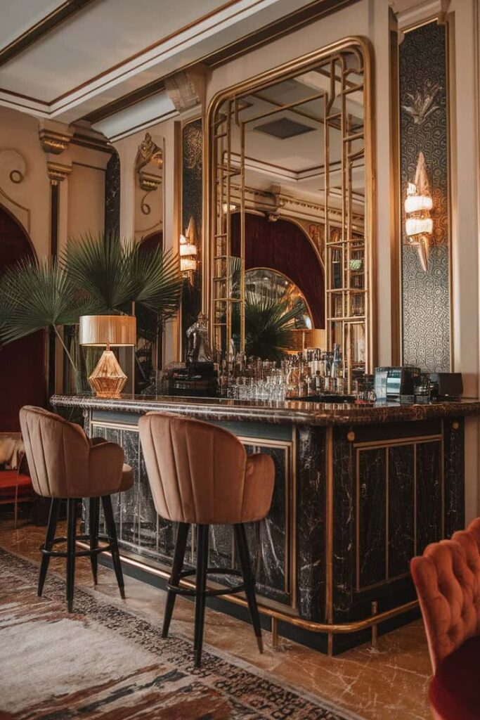 Luxurious vintage bar interior with elegant gold accents, plush seating, and decorative mirrors. Perfect for a sophisticated ambiance.