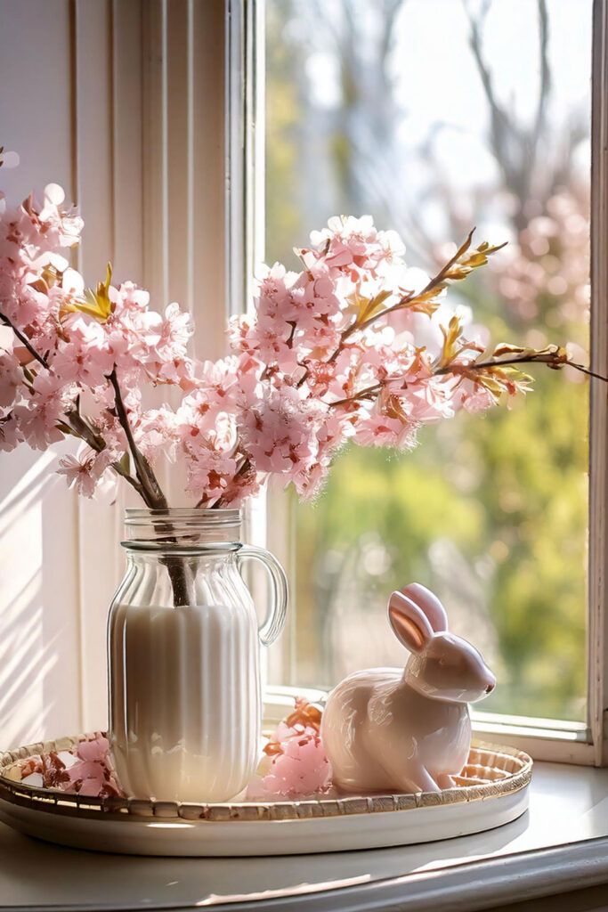 Spring blossoms in a jar by a sunny window, accompanied by a ceramic bunny, creating a serene and charming ambiance.