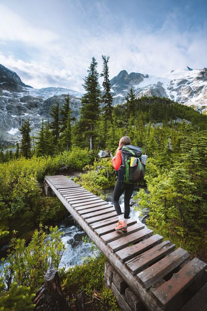 Hiker crossing wooden bridge in lush mountain landscape with snowy peaks and clear sky, perfect for adventure and nature enthusiasts.