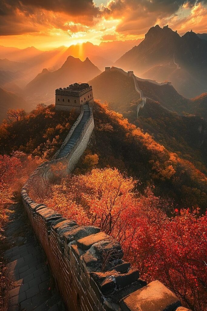 Sunset view over the Great Wall of China, with vibrant autumn foliage and dramatic clouds, creating a stunning landscape scene.