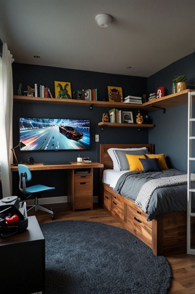 Cozy and modern teen bedroom with wooden desk, gaming setup, textured bedding, dark walls, and stylish floating shelves.