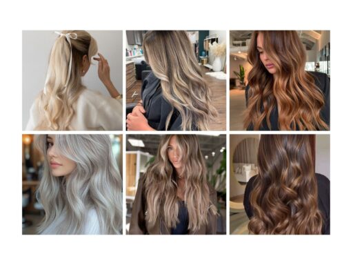 Various hairstyles featuring long, wavy hair in shades of blonde, brunette, and ash tones, styled beautifully in a salon setting.