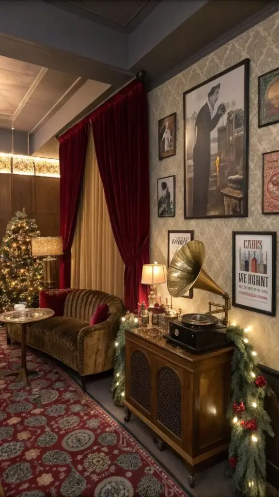 Cozy vintage living room with Christmas decor, gramophone, red curtains, and a festive tree. Warm, nostalgic holiday ambiance.