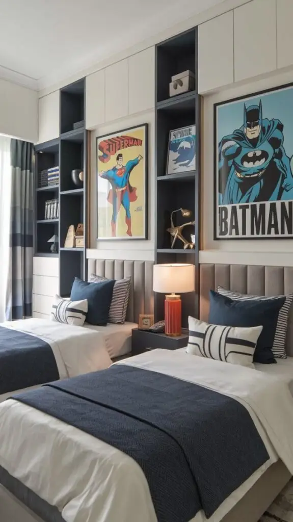 Stylish bedroom with superhero-themed decor, twin beds, navy accents, and a cozy atmosphere. Perfect for kids or superhero fans.