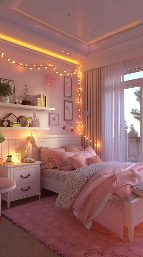 Cozy pink bedroom with fairy lights, plush bedding, and wall art, creating a warm and inviting atmosphere. Ideal for relaxation.