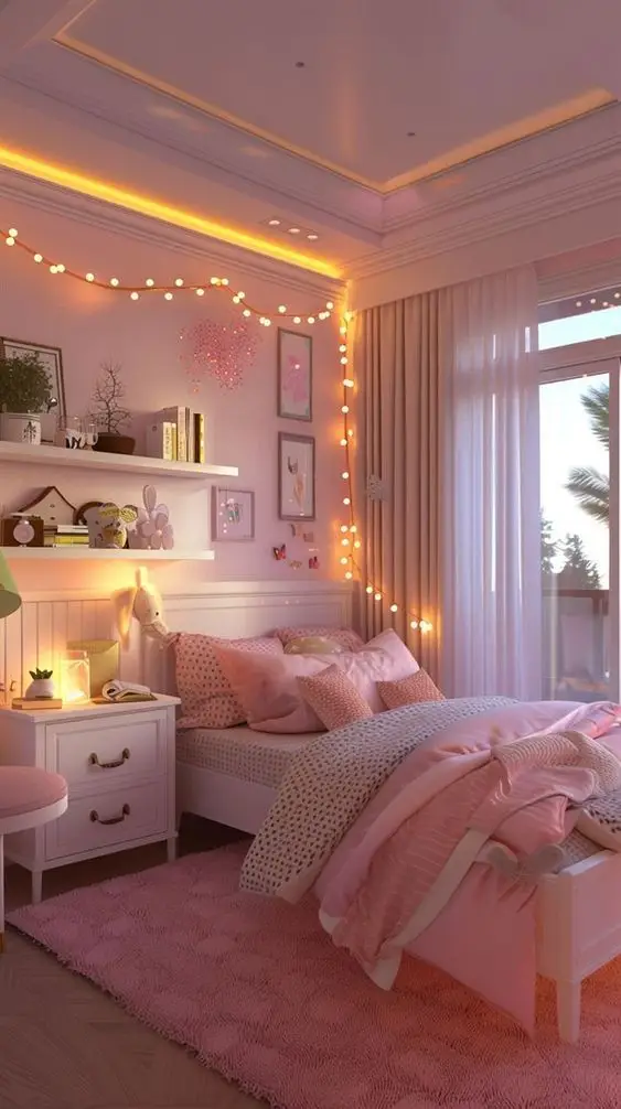 Cozy pink bedroom with fairy lights, plush bedding, and wall art, creating a warm and inviting atmosphere. Ideal for relaxation.