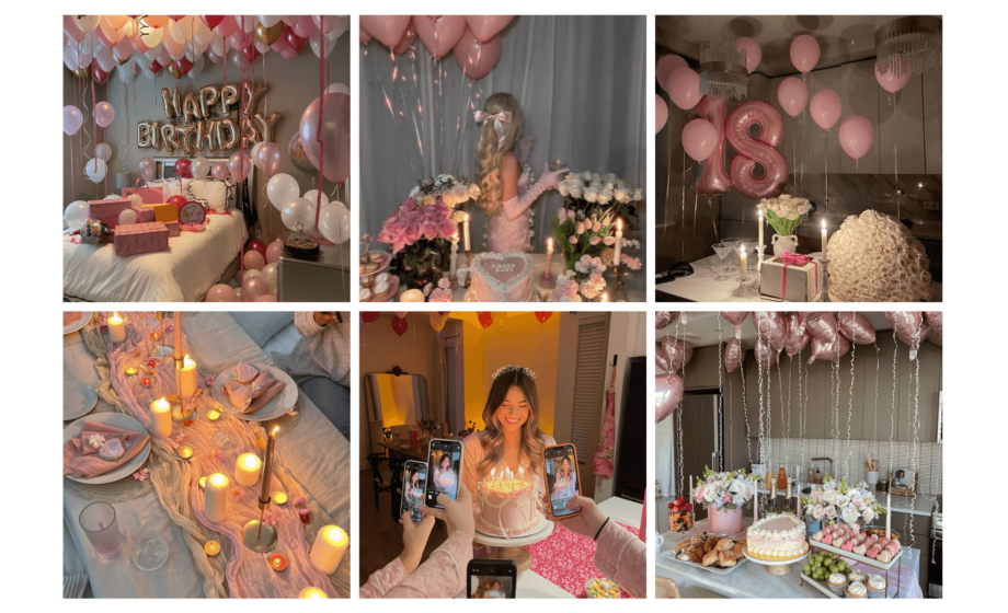 Birthday celebration with pink balloons, cake, gifts, and decorated table. Joyful atmosphere with candles and floral arrangements.