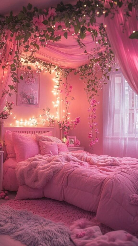 Fairy-tale pink bedroom with floral canopy, soft bedding, and twinkling lights for a dreamy, cozy ambiance.