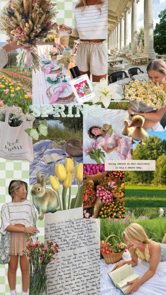 Spring collage with flowers, picnics, and nature; capturing the essence of a vibrant and blossoming season.