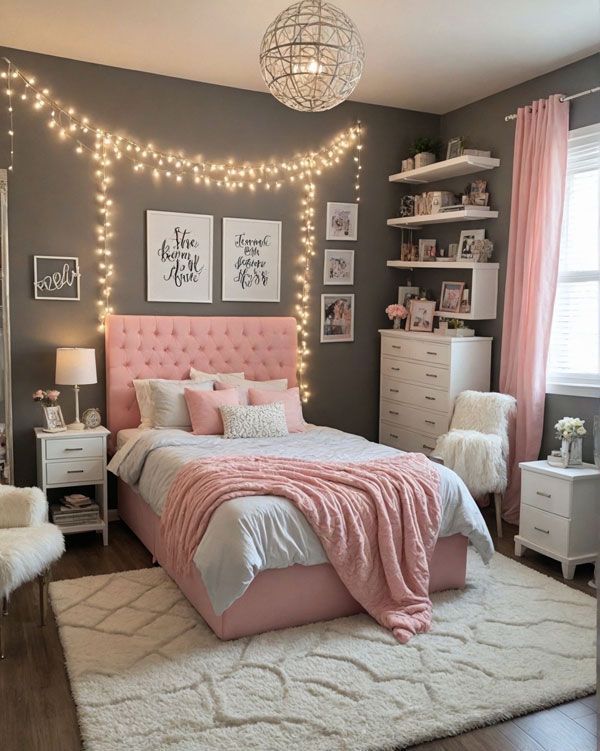 Cozy bedroom with pink accents, plush bed, string lights, and decorative art, perfect for a stylish and inviting atmosphere.