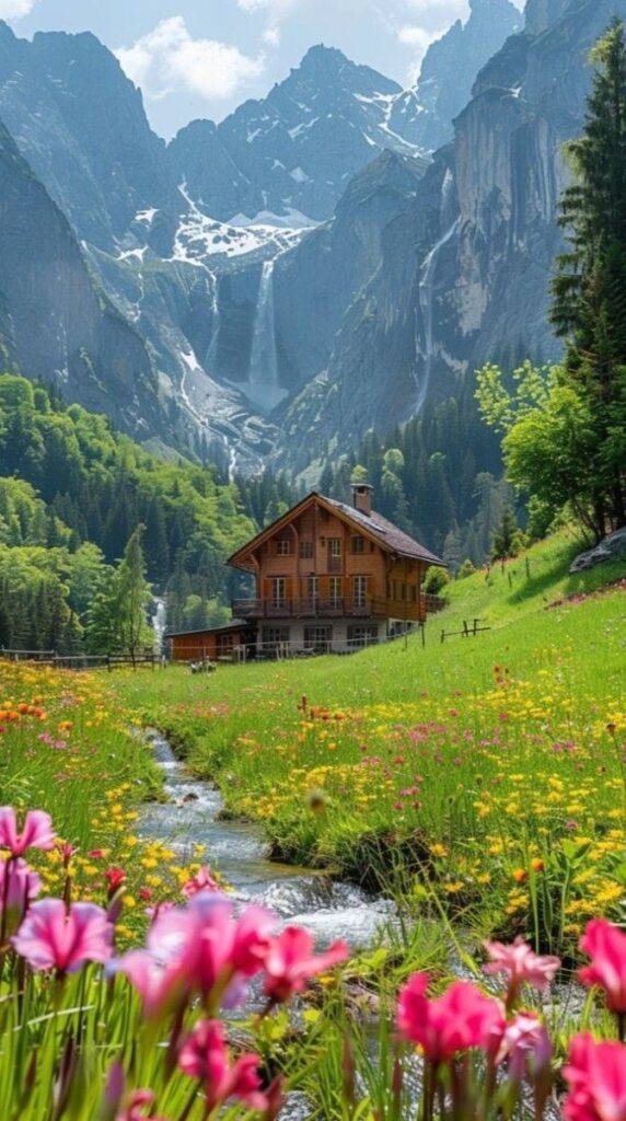 Cozy mountain cabin in lush green valley with vibrant flowers, stream, and majestic waterfall in the background. Capturing serene beauty.